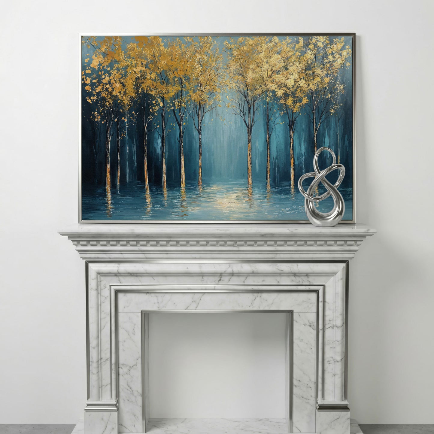 Golden Trees Abstract Forest Canvas in silver floating frame