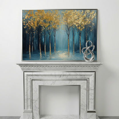 Golden Trees Abstract Forest Canvas in silver floating frame