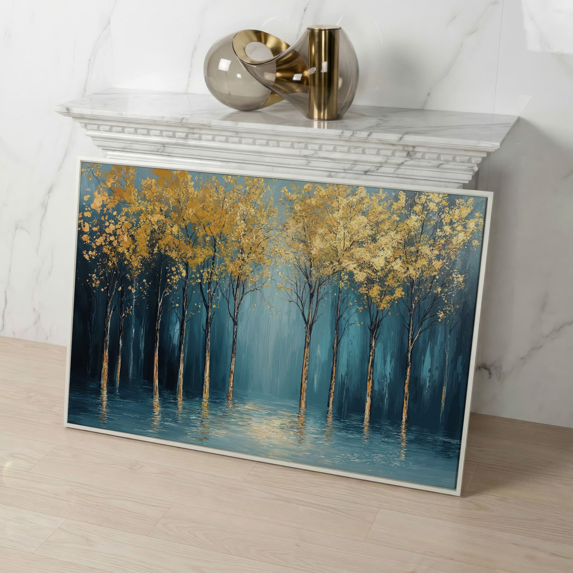 Golden Trees Abstract Forest Canvas in white floating frame