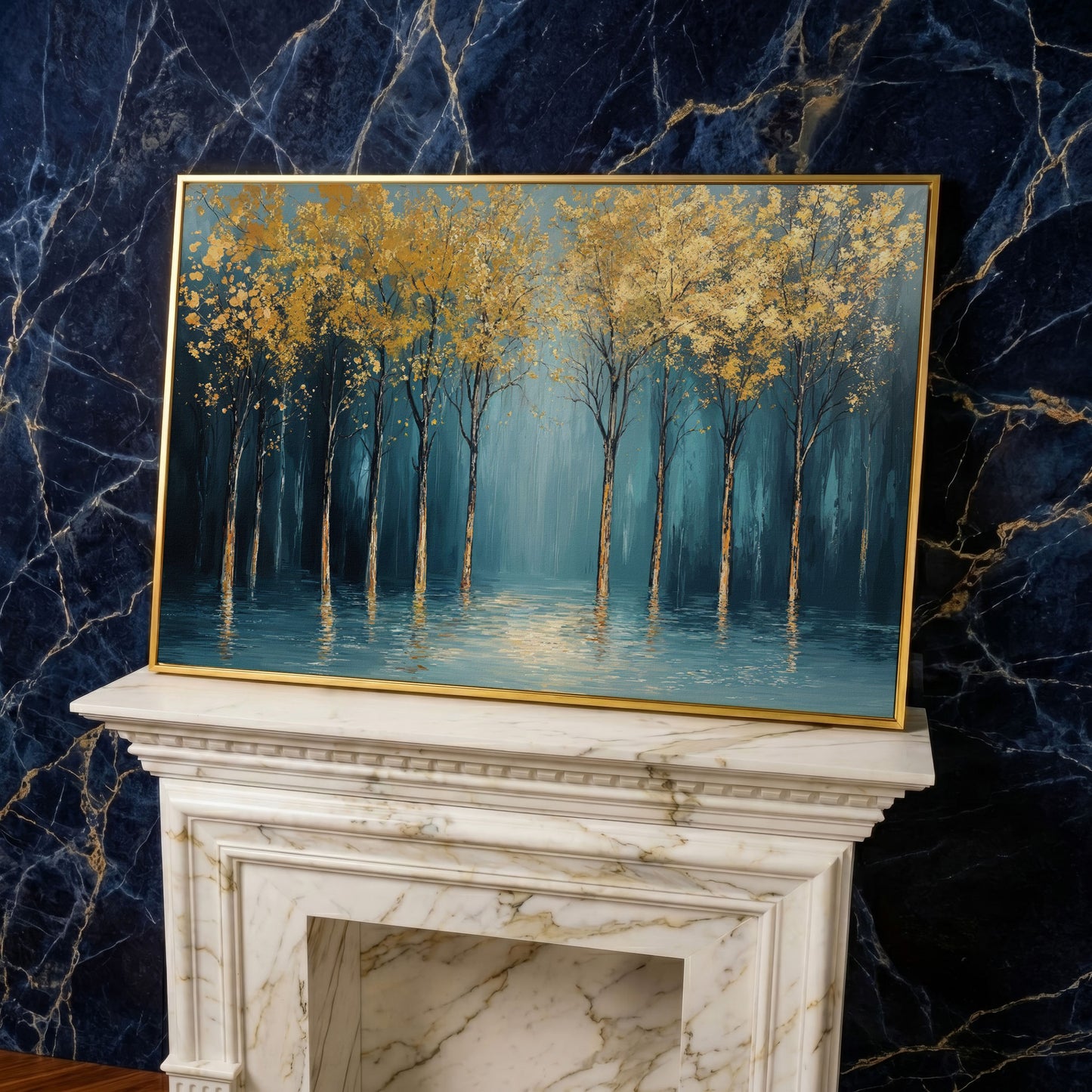 Golden Trees Abstract Forest Canvas in yellow gold floating frame