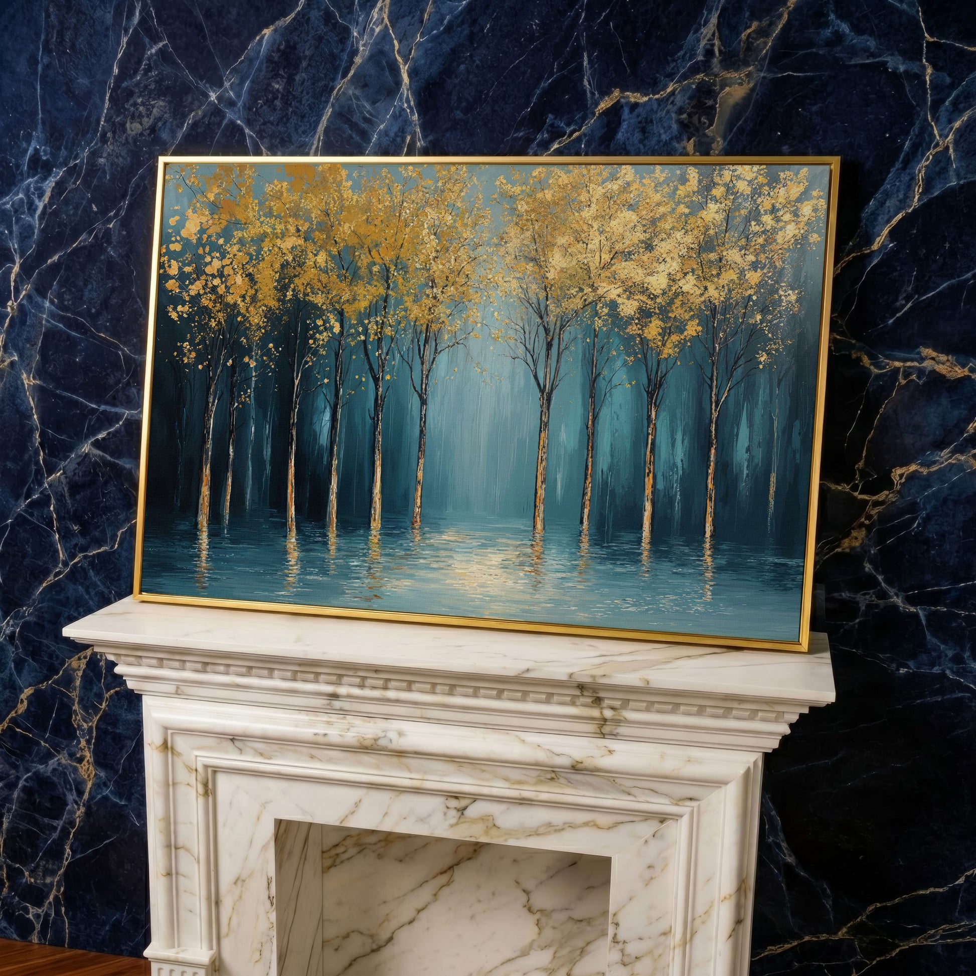 Golden Trees Abstract Forest Canvas in yellow gold floating frame