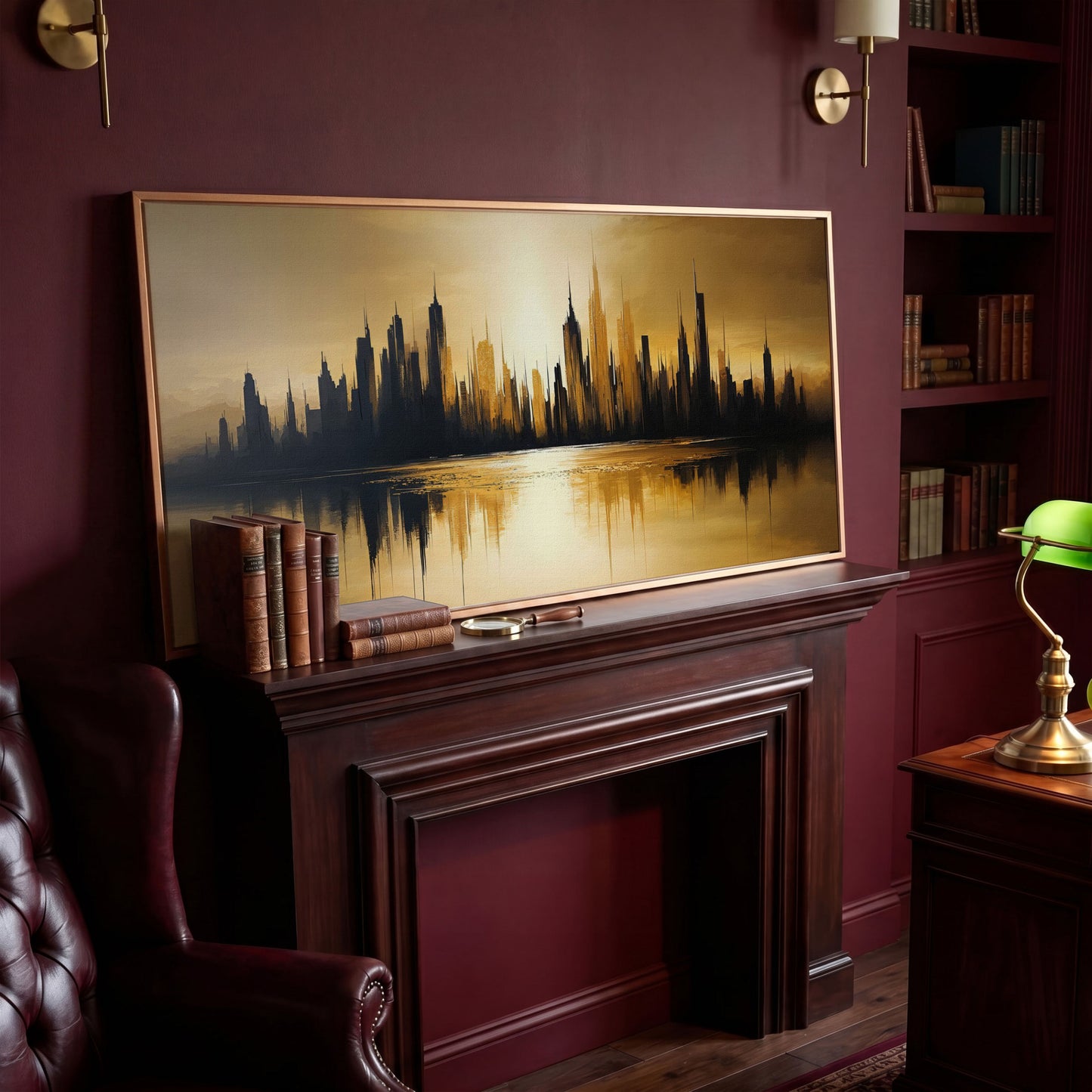 Urban Reflection Cityscape Canvas in antique gold floating frame