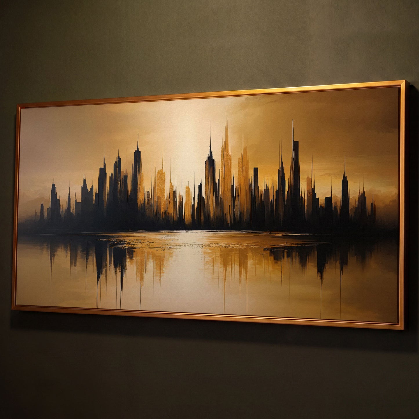 Urban Reflection Cityscape Canvas shown in antique gold floating frame