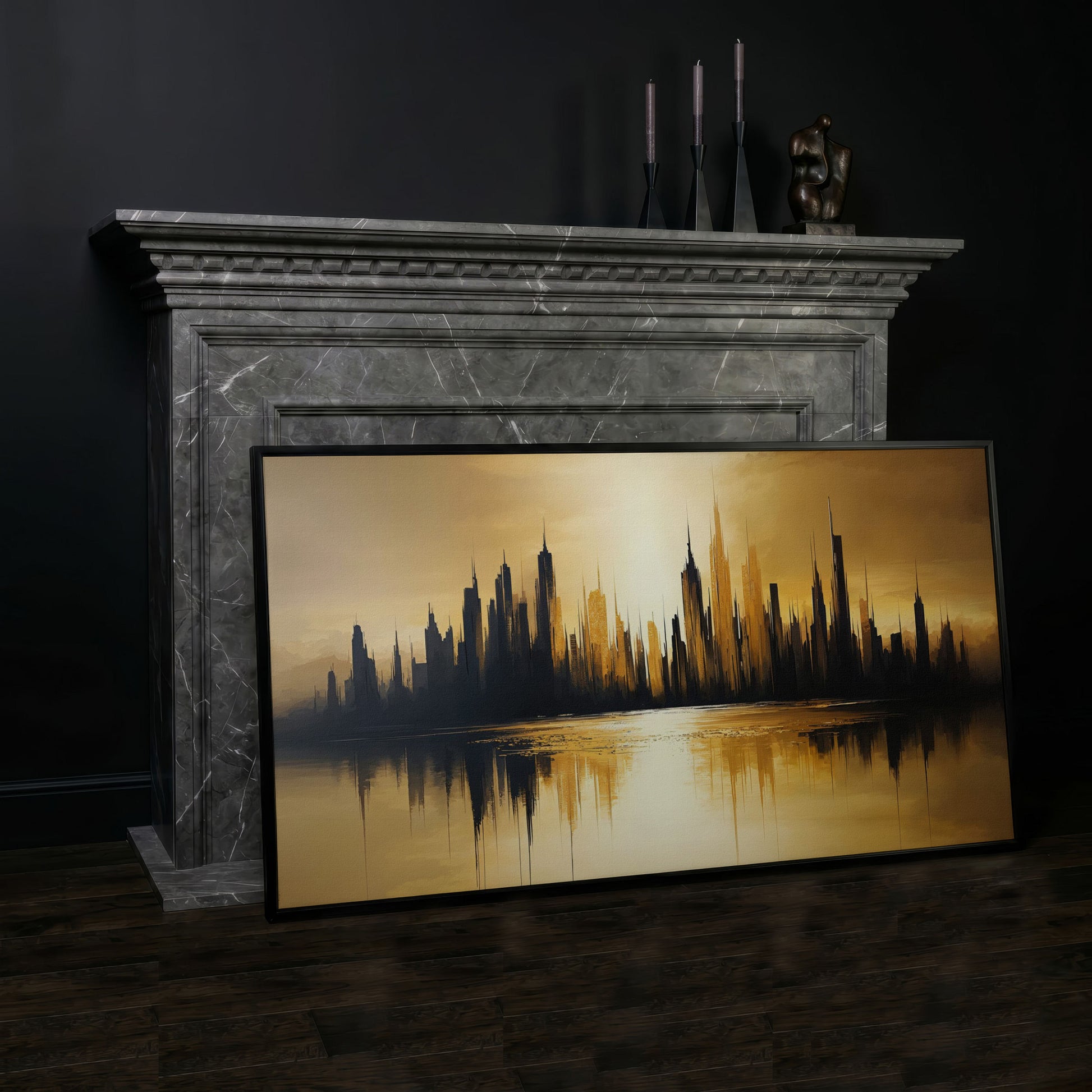 Urban Reflection Cityscape Canvas in black floating frame