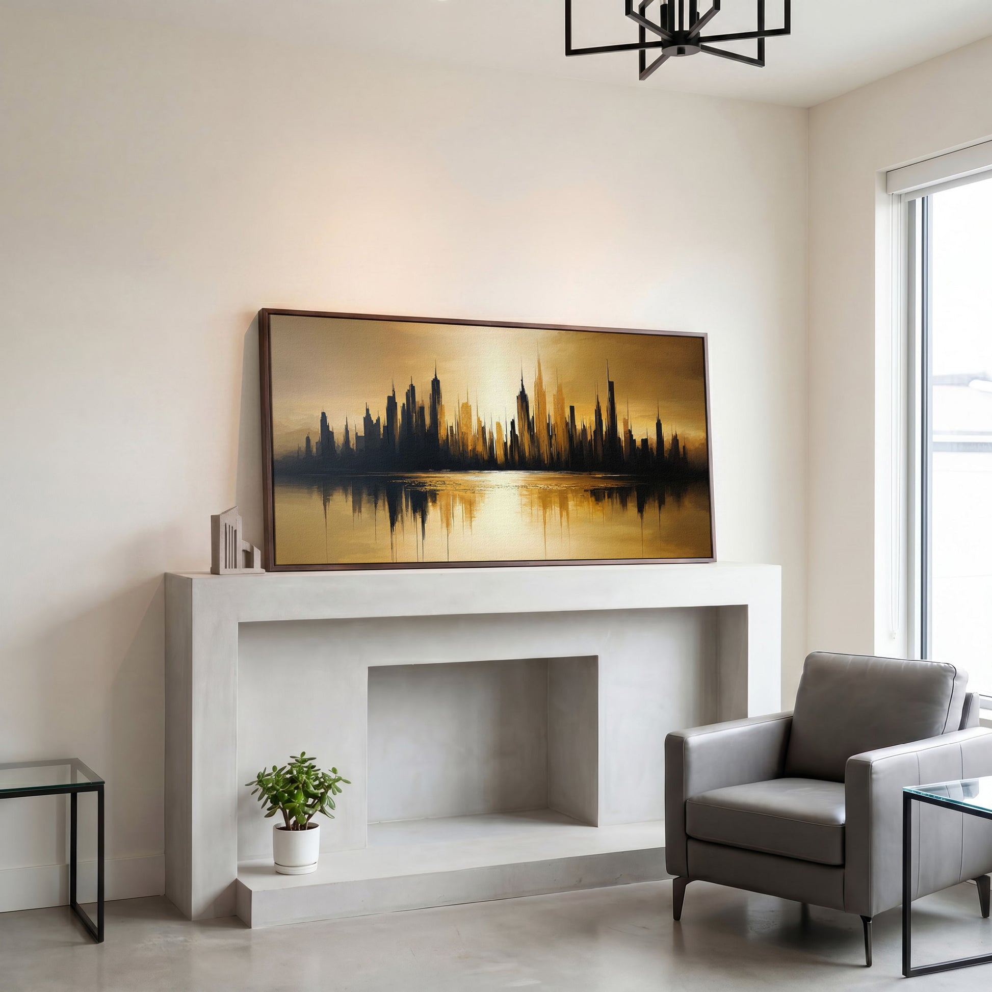 Urban Reflection Cityscape Canvas in dark walnut floating frame