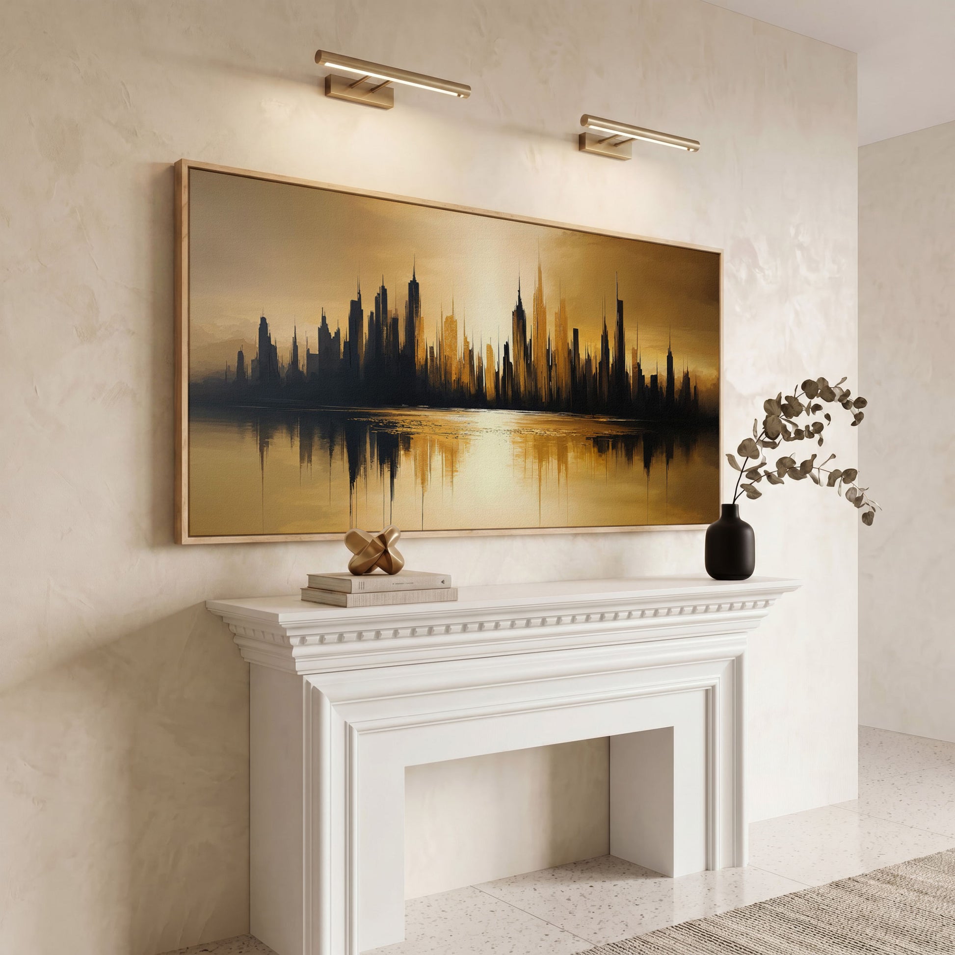 Urban Reflection Cityscape Canvas in white oak floating frame
