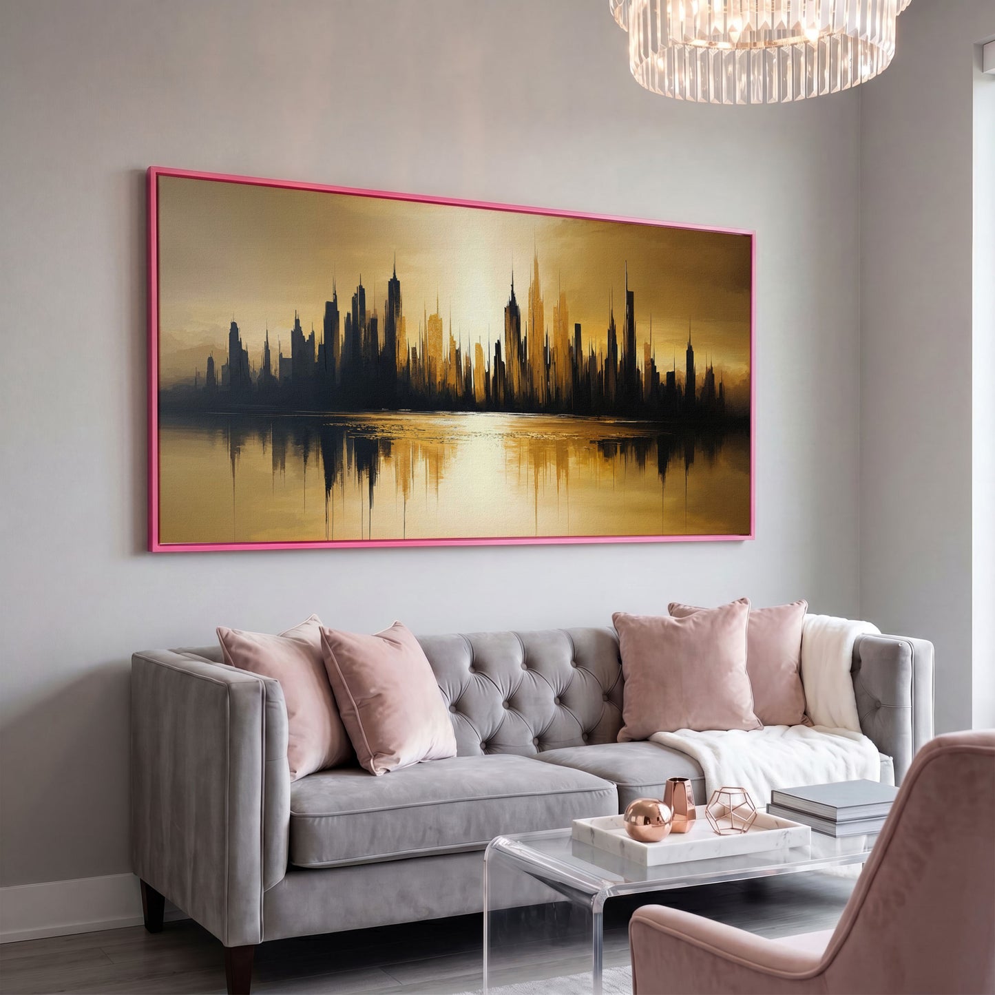 Urban Reflection Cityscape Canvas in pink floating frame