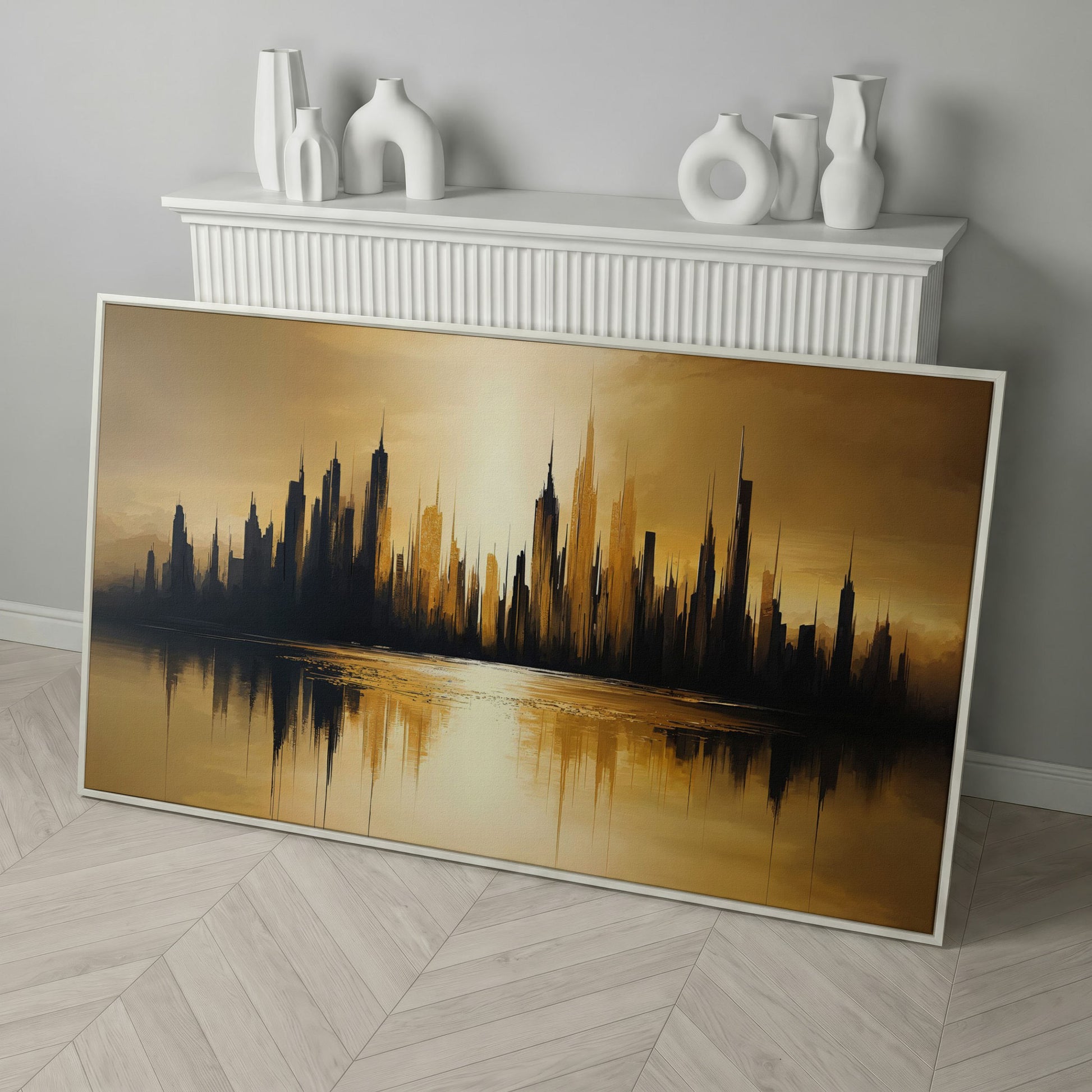 Urban Reflection Cityscape Canvas in white floating frame