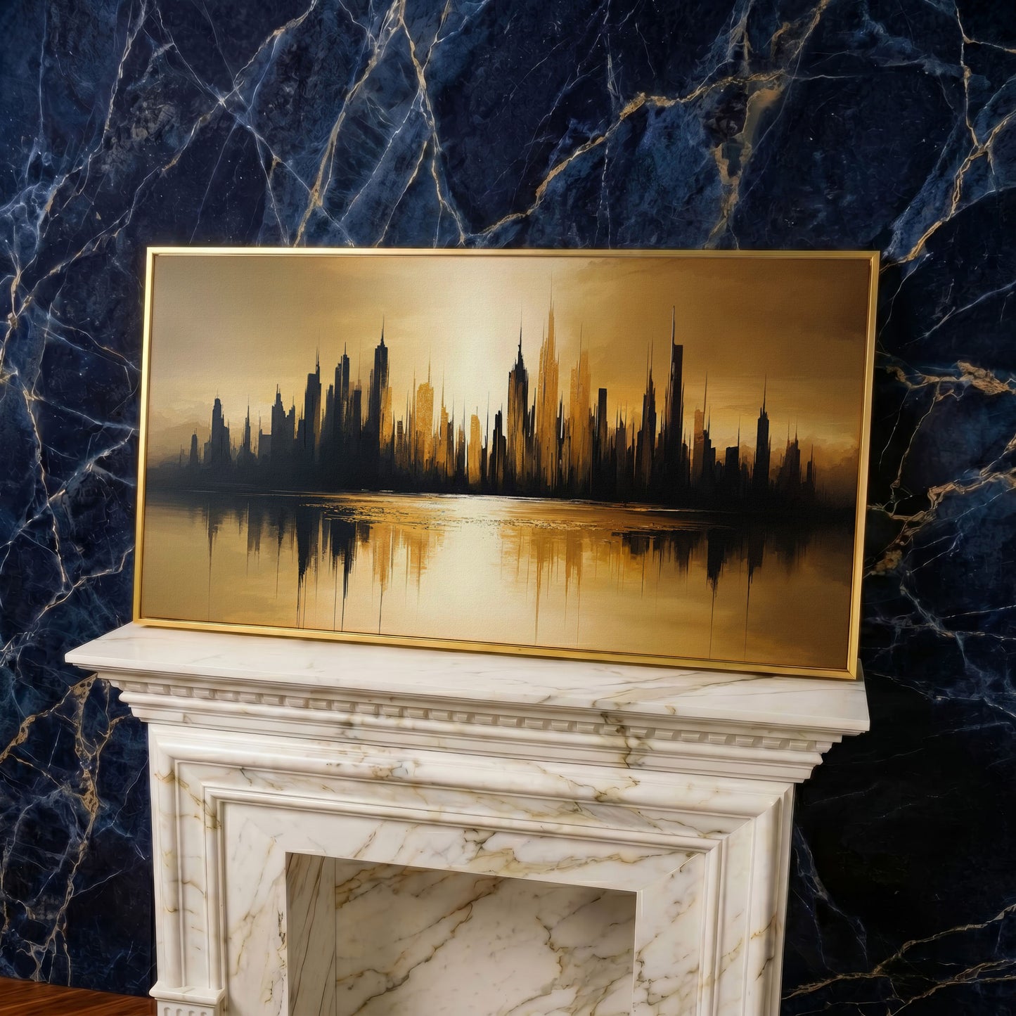 Urban Reflection Cityscape Canvas in yellow gold floating frame