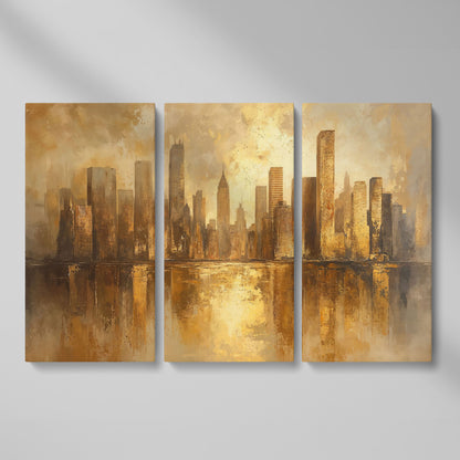 Golden City Skyline Canvas Print Modern Urban Art as 3-panel split version