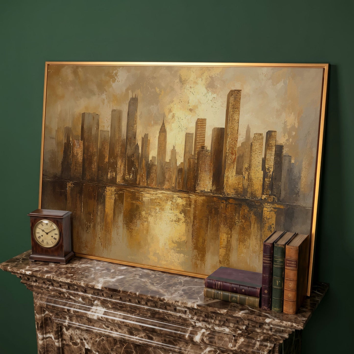 Golden City Skyline Canvas Print Modern Urban Art in antique gold floating frame
