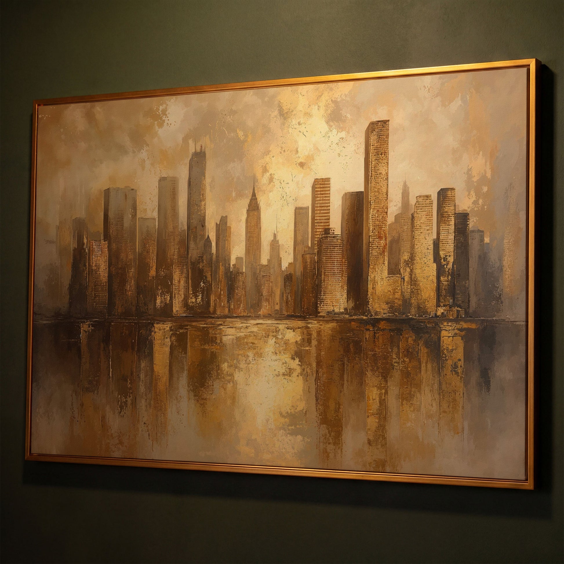 Golden City Skyline Canvas Print Modern Urban Art shown in antique gold floating frame