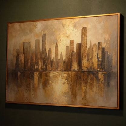 Golden City Skyline Canvas Print Modern Urban Art shown in antique gold floating frame