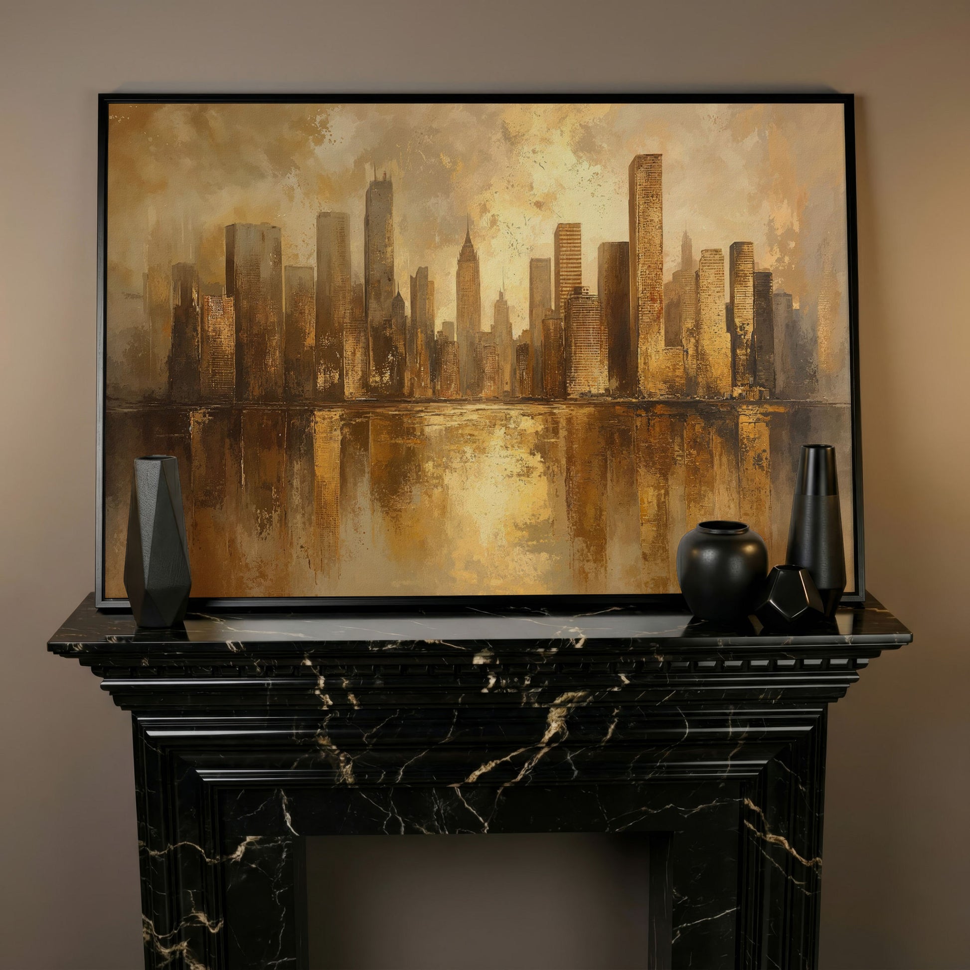 Golden City Skyline Canvas Print Modern Urban Art in black floating frame