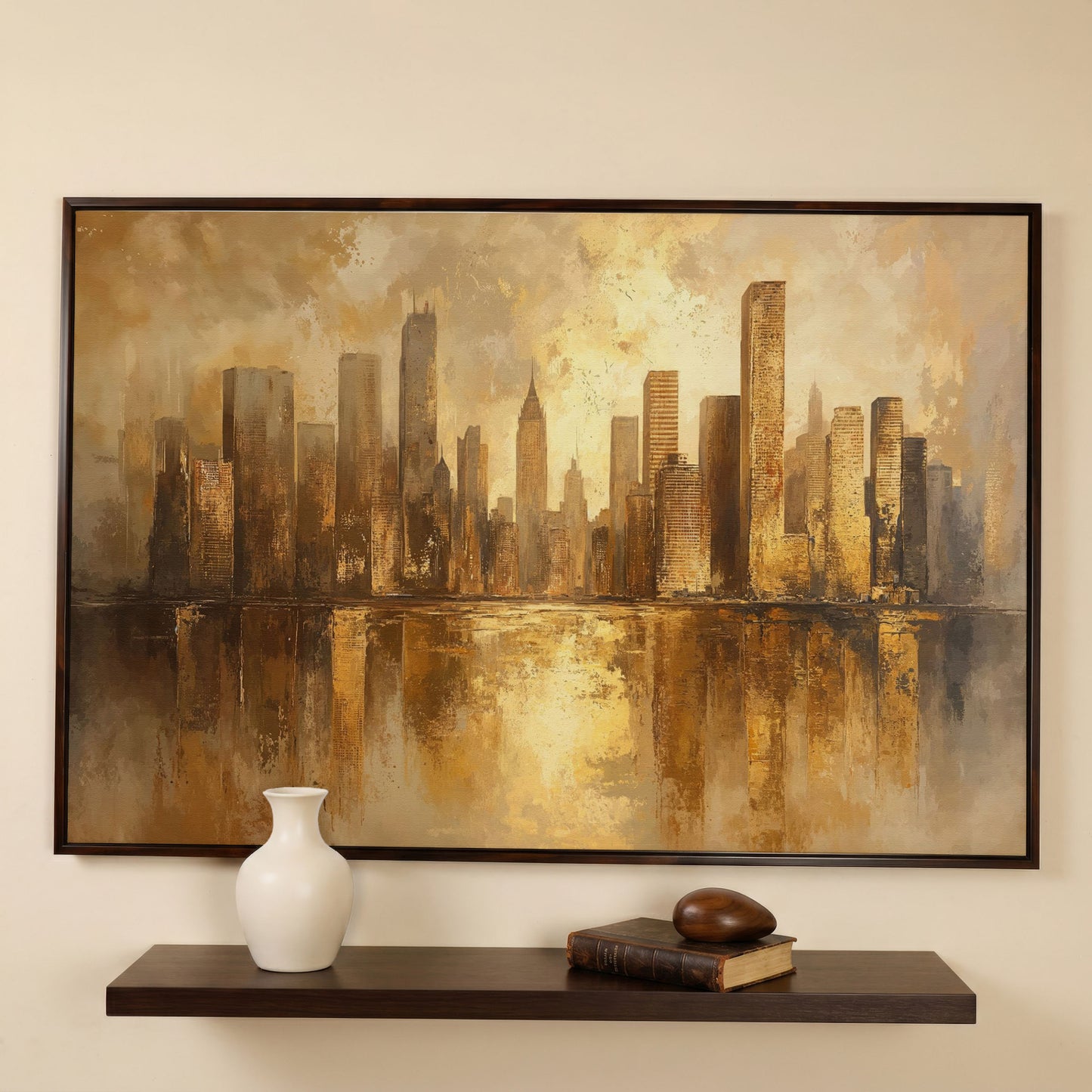 Golden City Skyline Canvas Print Modern Urban Art in dark walnut floating frame