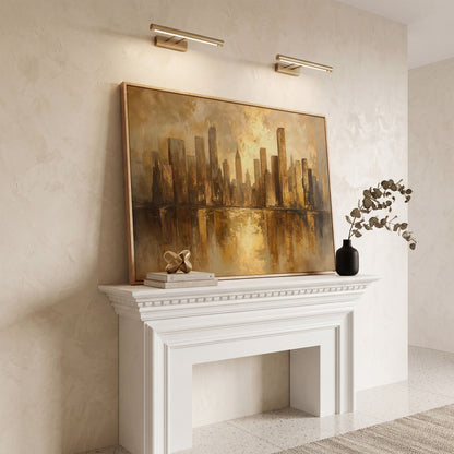 Golden City Skyline Canvas Print Modern Urban Art in white oak floating frame