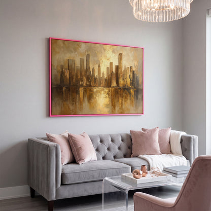 Golden City Skyline Canvas Print Modern Urban Art in pink floating frame