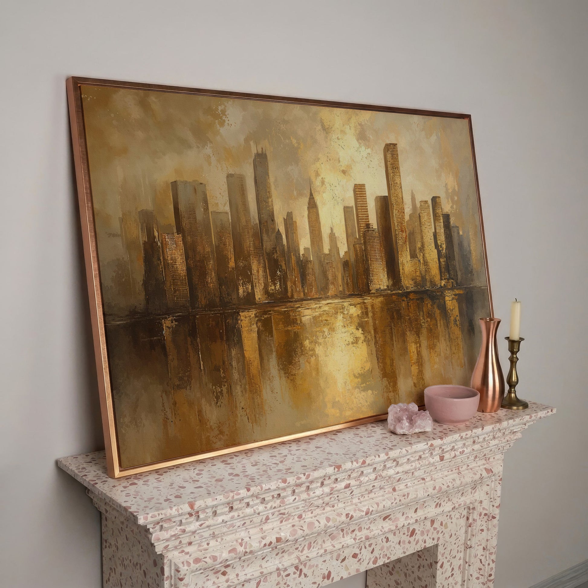 Golden City Skyline Canvas Print Modern Urban Art in rose gold floating frame