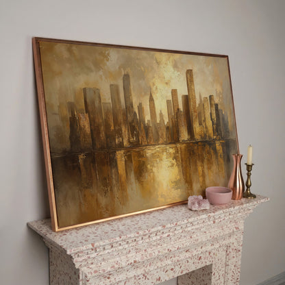 Golden City Skyline Canvas Print Modern Urban Art in rose gold floating frame