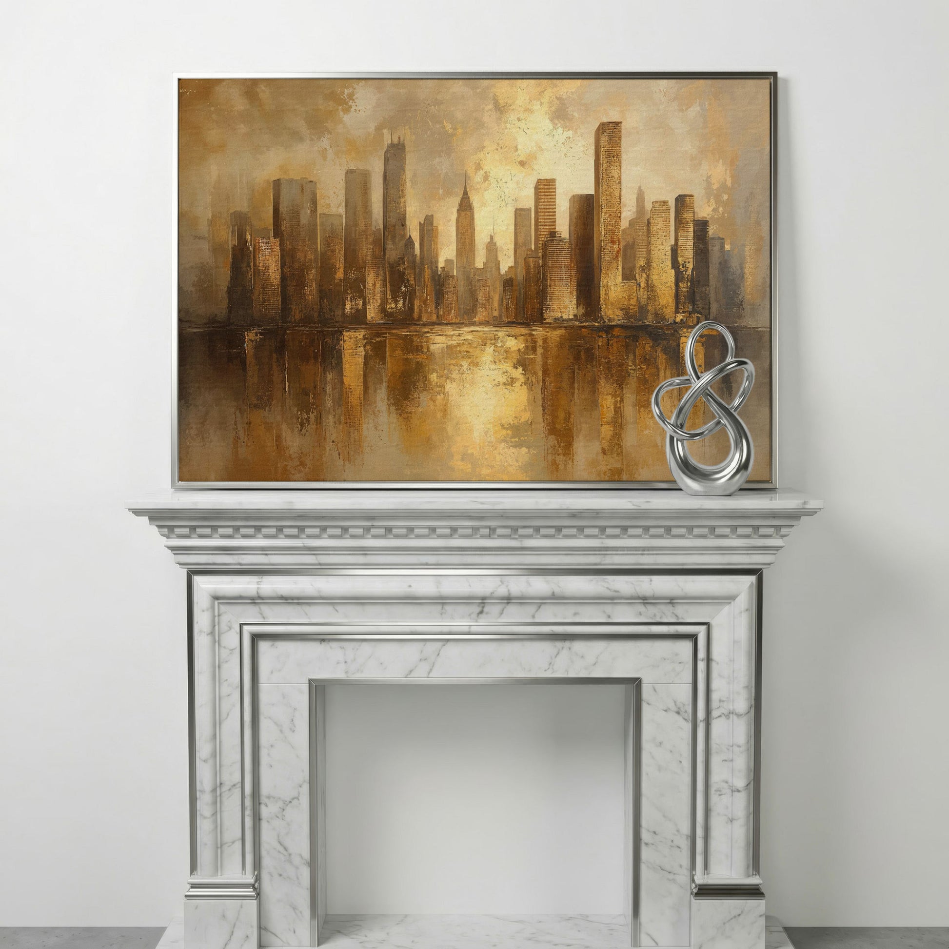 Golden City Skyline Canvas Print Modern Urban Art in silver floating frame