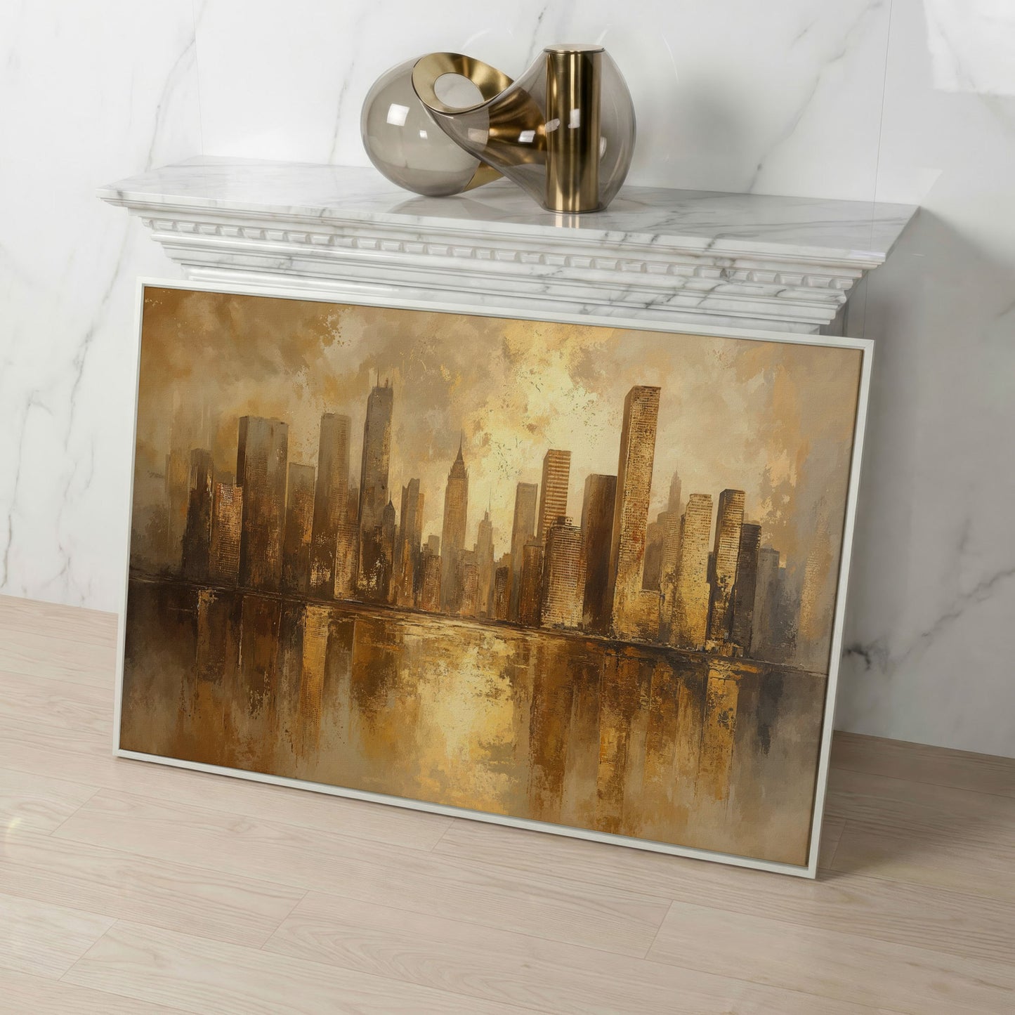 Golden City Skyline Canvas Print Modern Urban Art in white floating frame