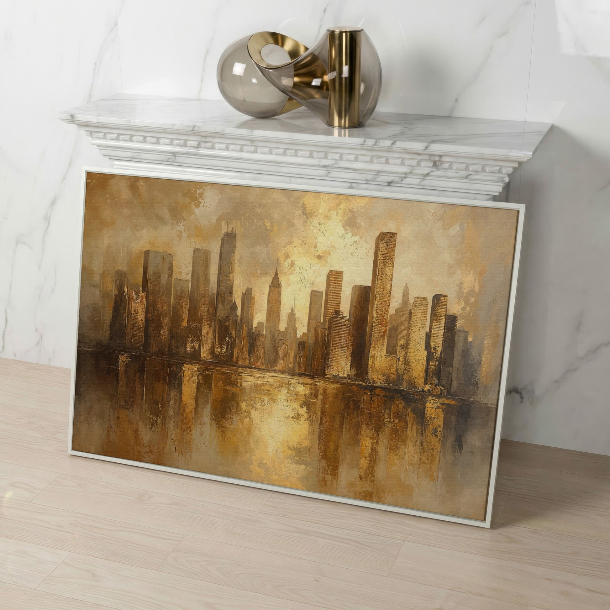 Golden City Skyline Canvas Print Modern Urban Art in white floating frame