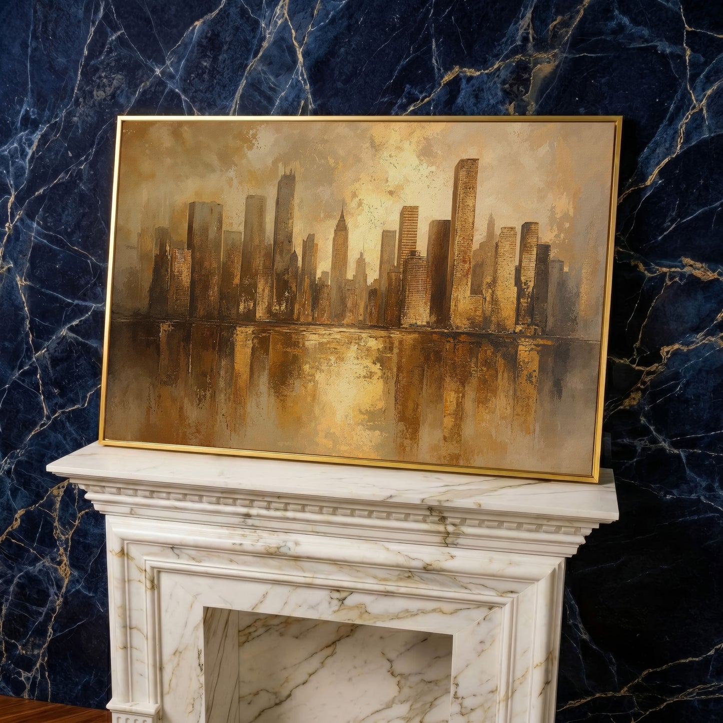 Golden City Skyline Canvas Print Modern Urban Art in yellow gold floating frame