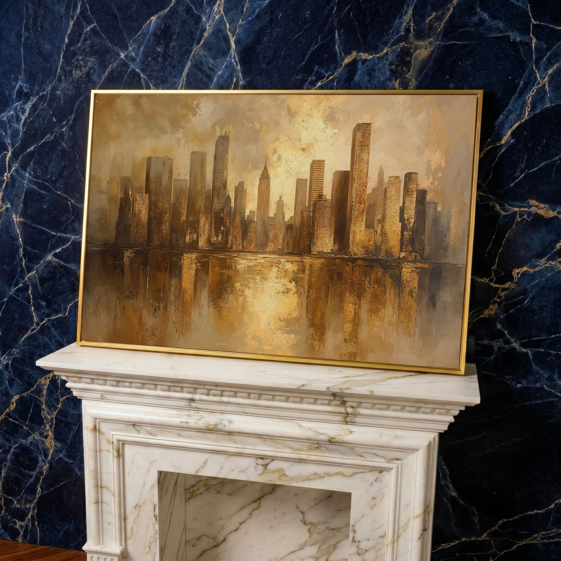 Golden City Skyline Canvas Print Modern Urban Art in yellow gold floating frame