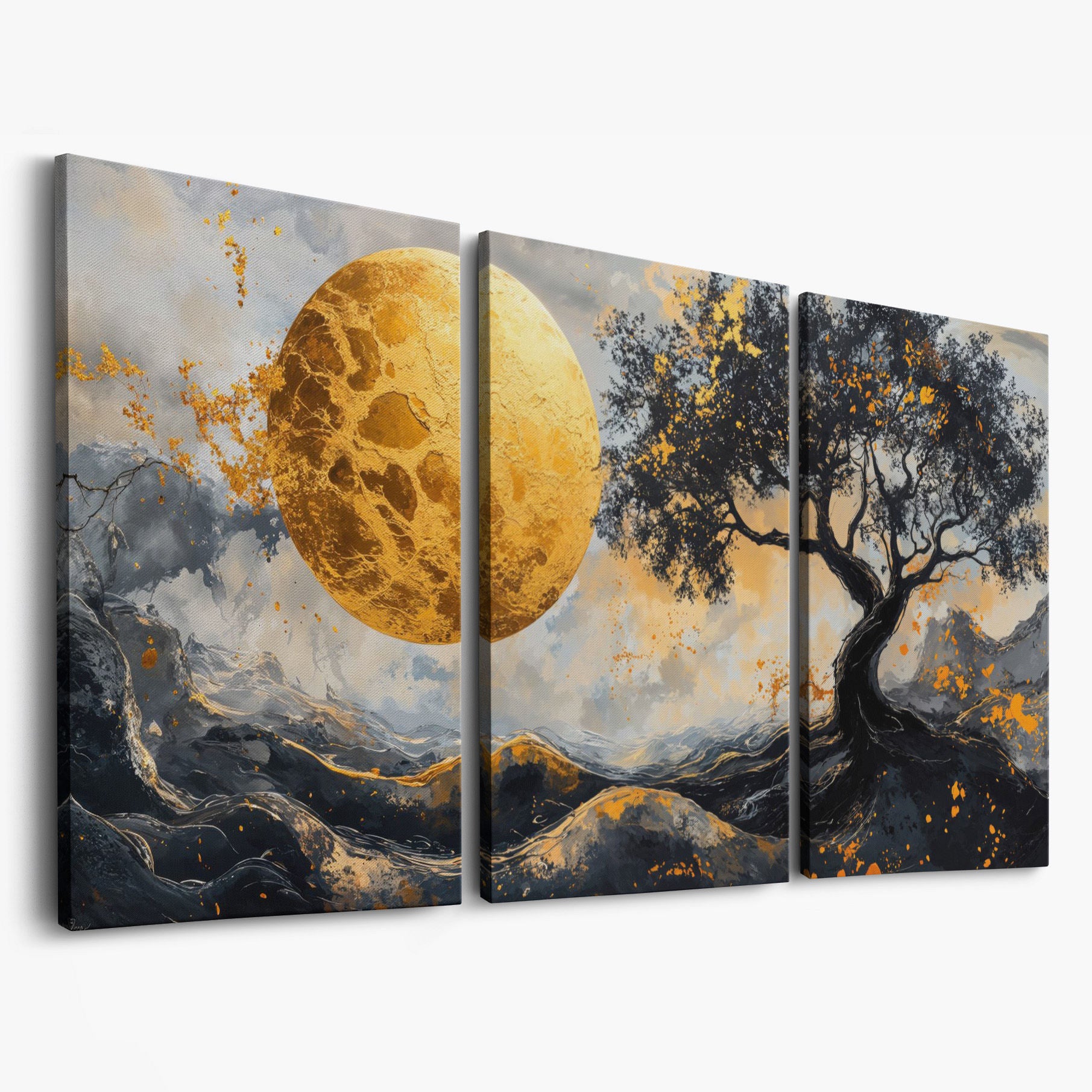 Abstract Golden Moon and Tree Canvas as 3-panel split version