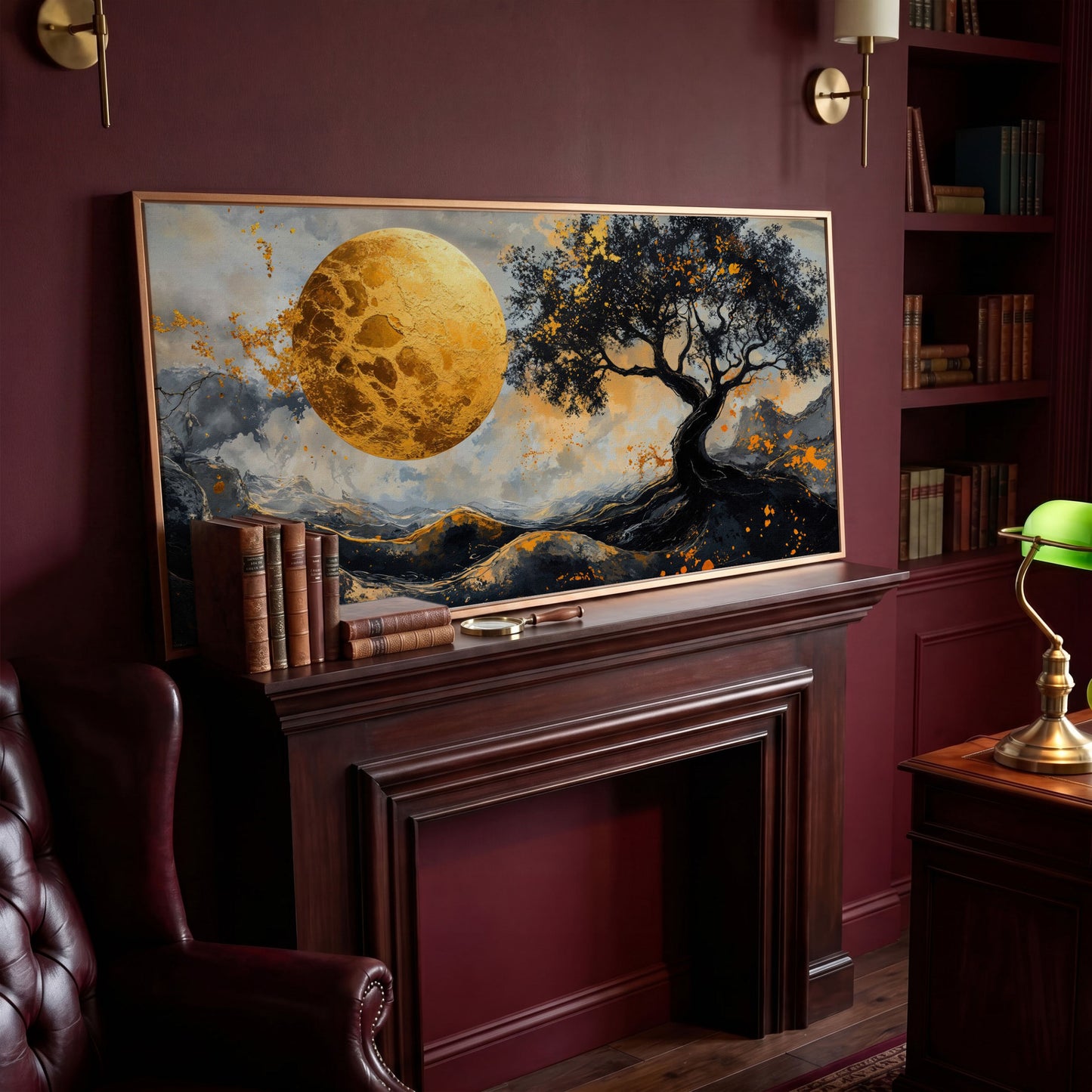 Abstract Golden Moon and Tree Canvas in antique gold floating frame
