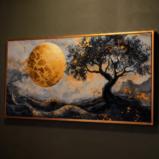 Abstract Golden Moon and Tree Canvas shown in antique gold floating frame