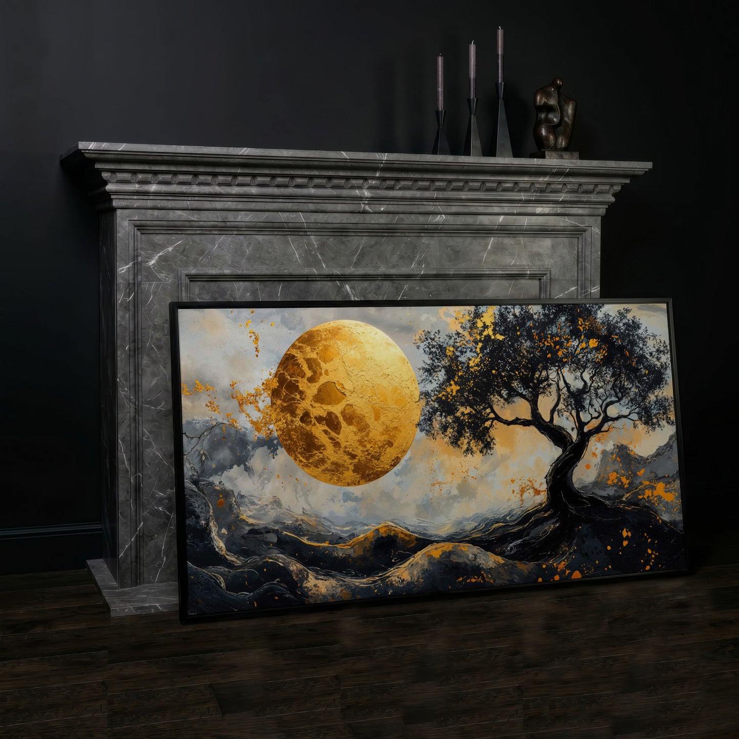 Abstract Golden Moon and Tree Canvas in black floating frame