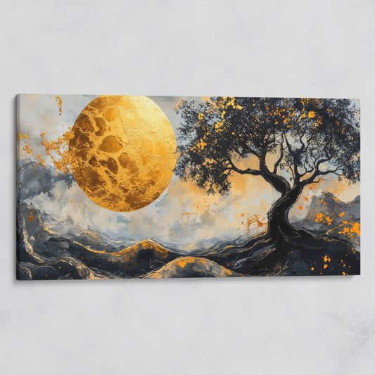 Abstract Golden Moon and Tree Canvas on gallery wrap