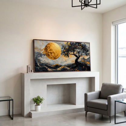 Abstract Golden Moon and Tree Canvas in dark walnut floating frame