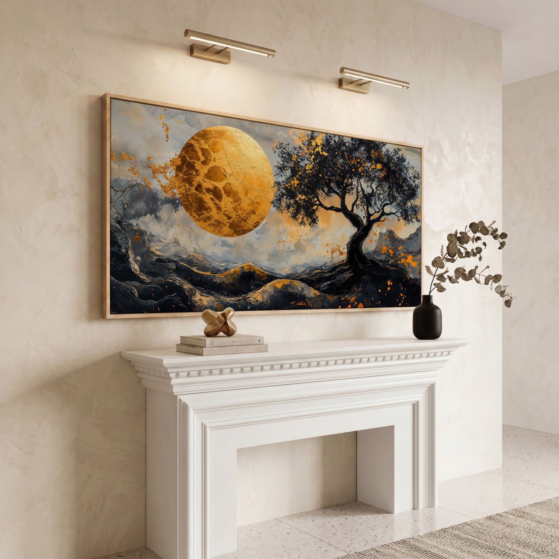Abstract Golden Moon and Tree Canvas in white oak floating frame