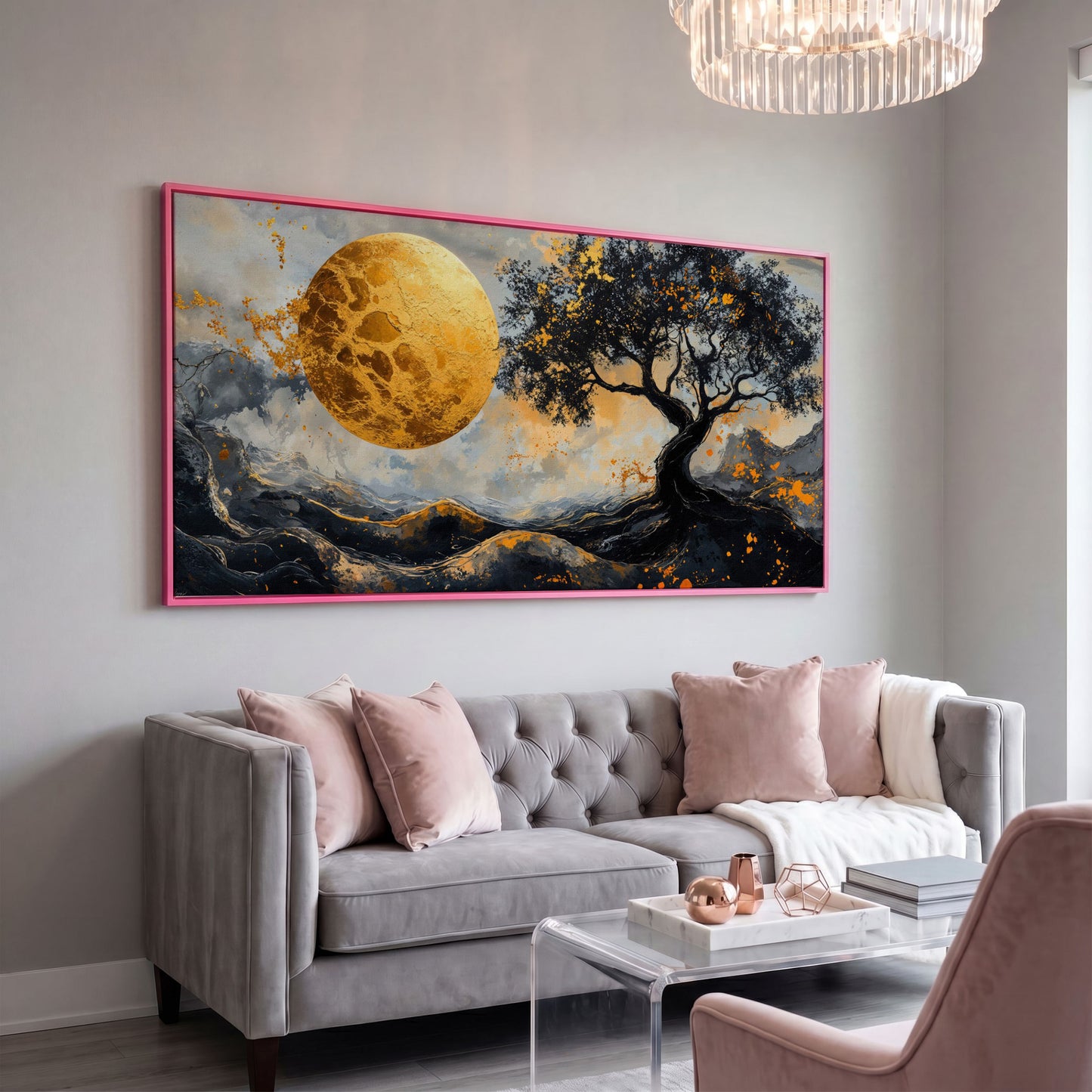 Abstract Golden Moon and Tree Canvas in pink floating frame