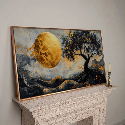 Abstract Golden Moon and Tree Canvas in rose gold floating frame
