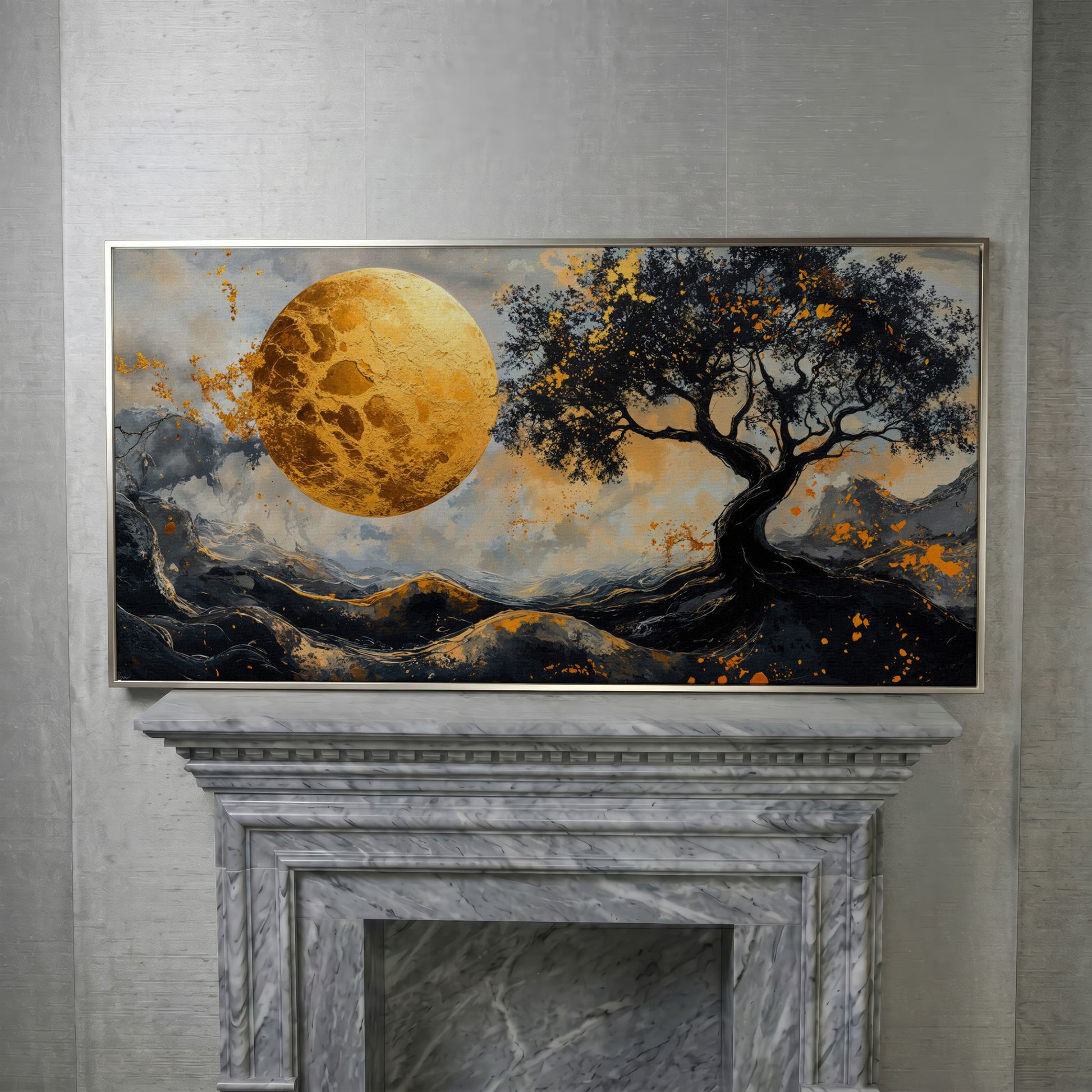 Abstract Golden Moon and Tree Canvas in silver floating frame