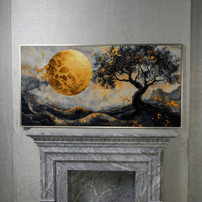Abstract Golden Moon and Tree Canvas in silver floating frame