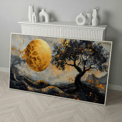 Abstract Golden Moon and Tree Canvas in white floating frame