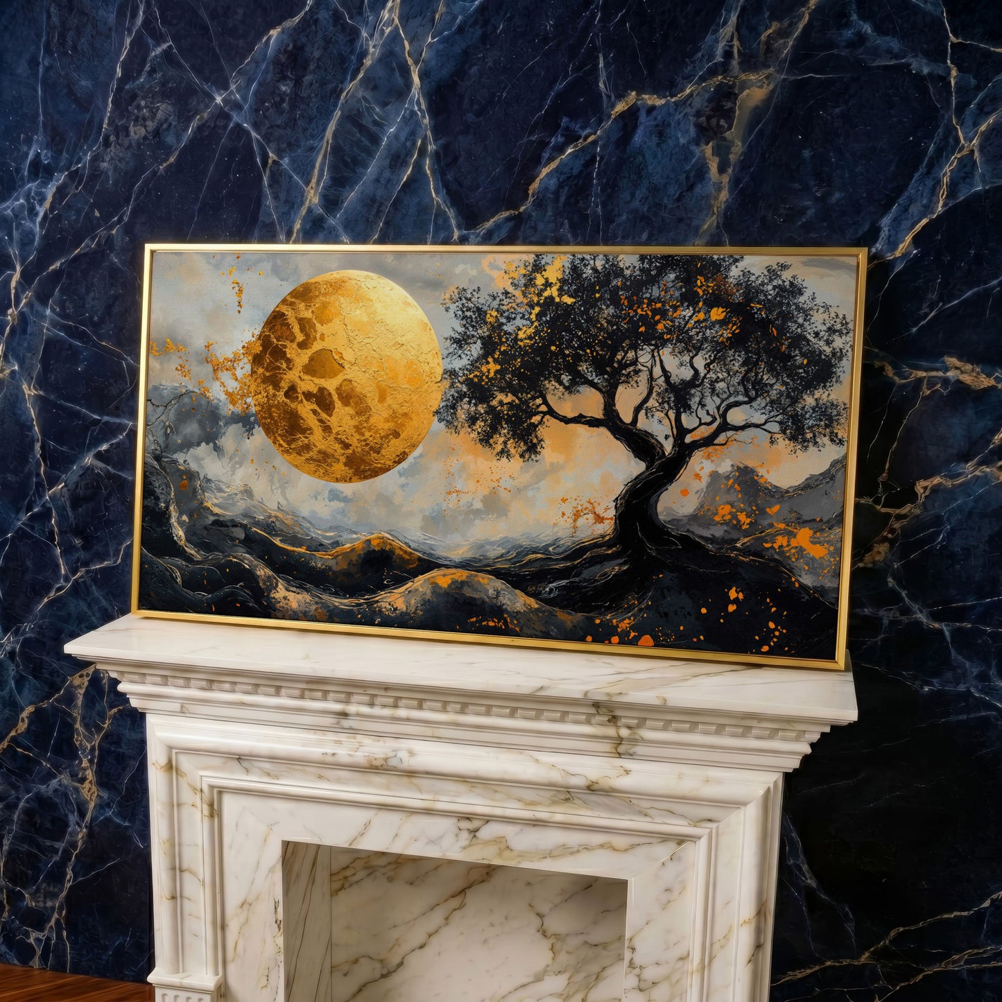 Abstract Golden Moon and Tree Canvas in yellow gold floating frame