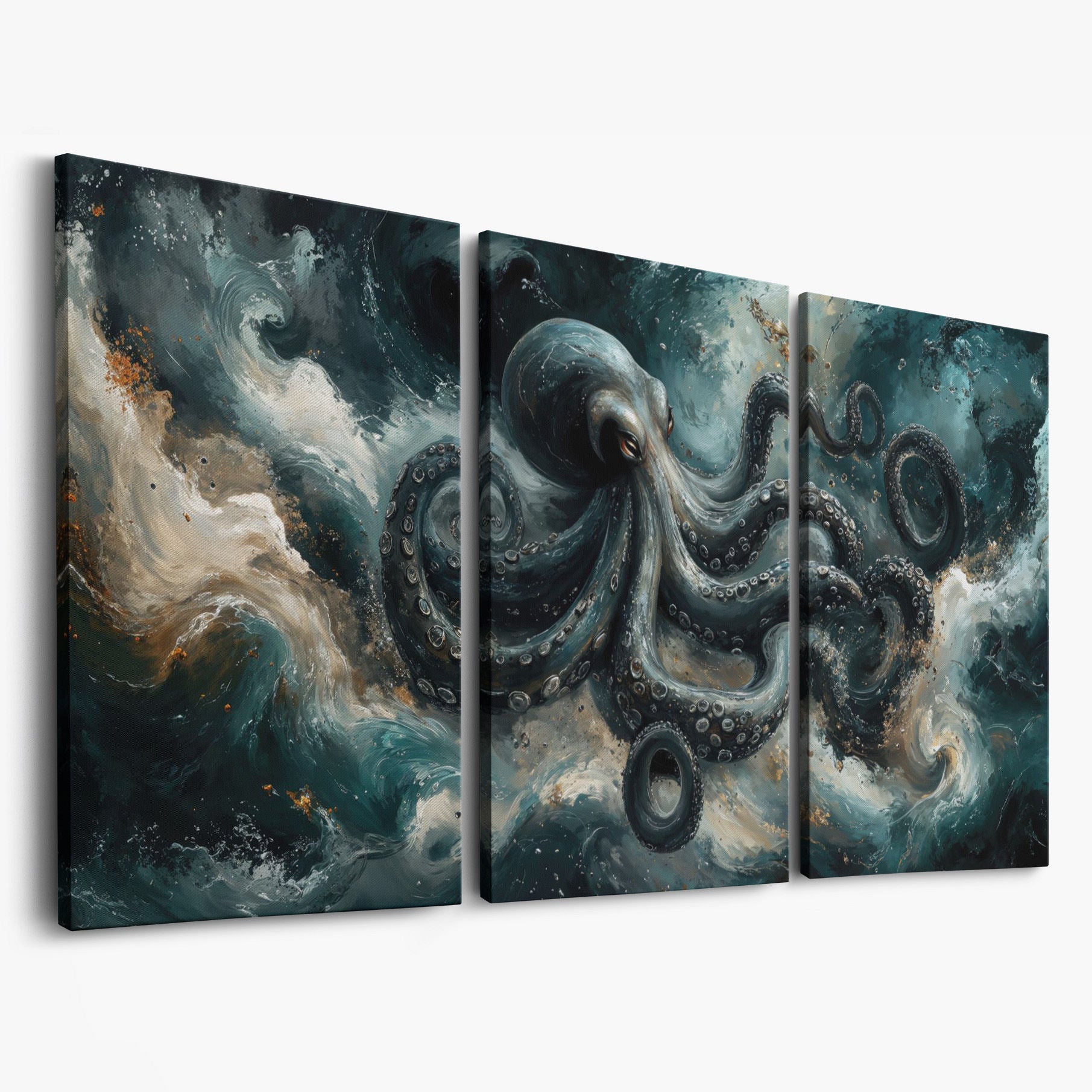 Octopus & Ocean Waves Canvas as 3-panel split version