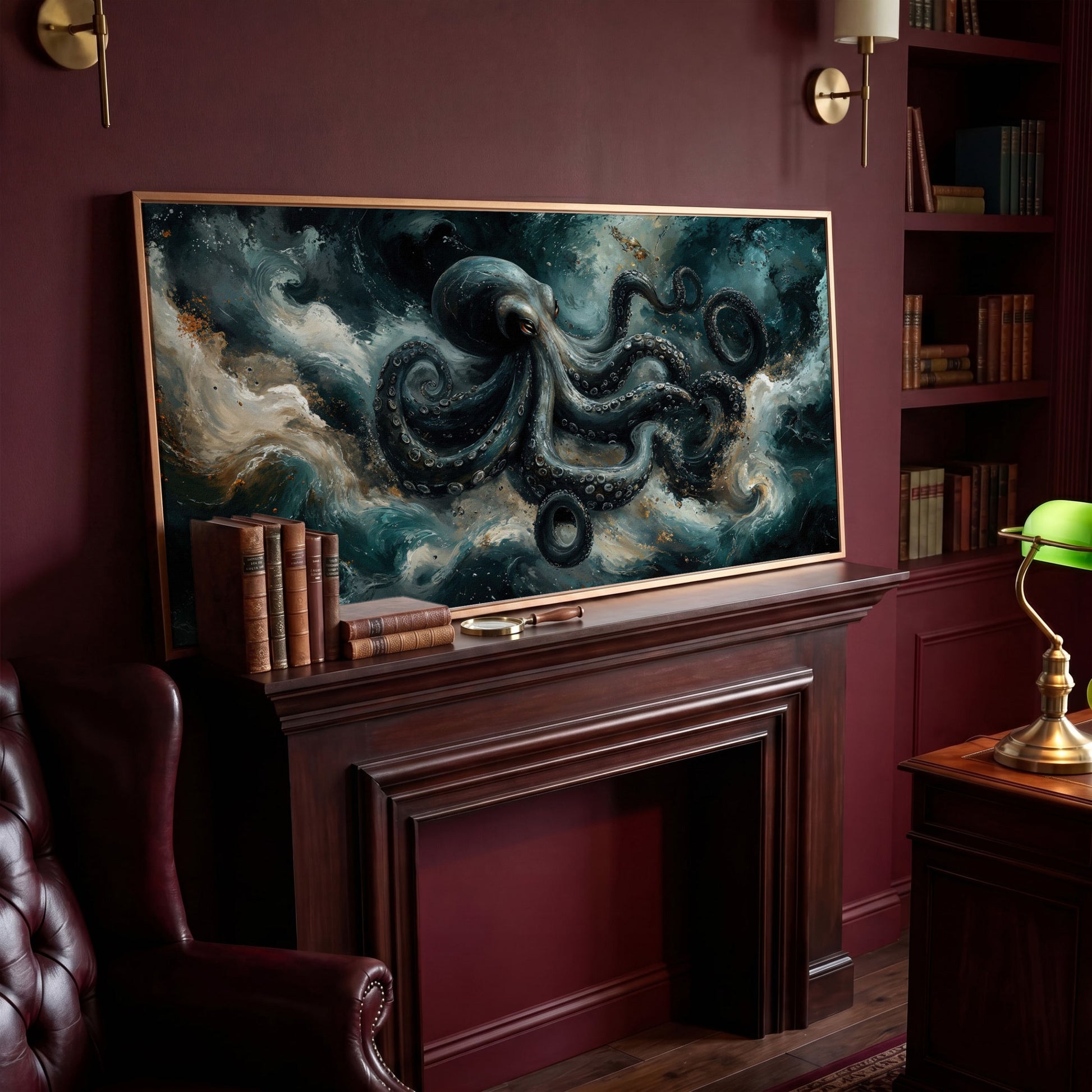 Octopus & Ocean Waves Canvas in antique gold floating frame