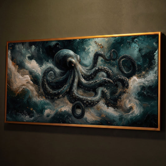 Octopus & Ocean Waves Canvas shown in antique gold floating frame