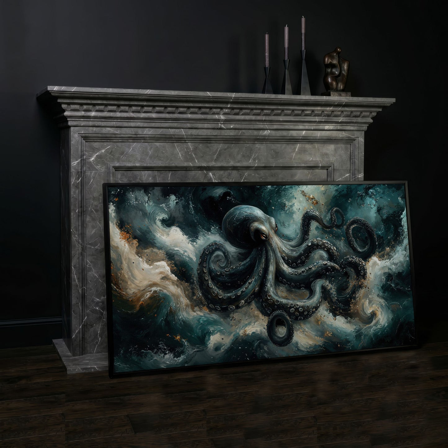 Octopus & Ocean Waves Canvas in black floating frame