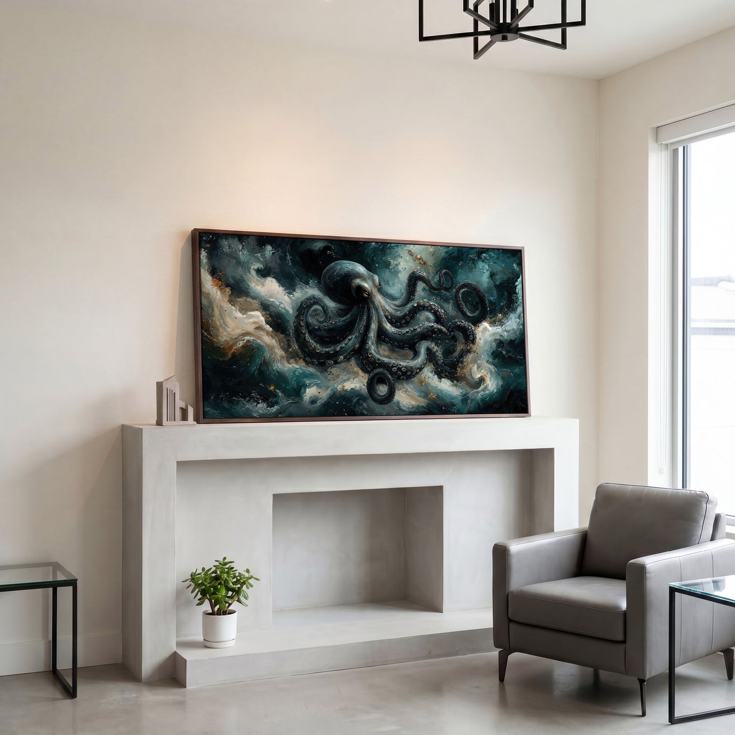 Octopus & Ocean Waves Canvas in dark walnut floating frame