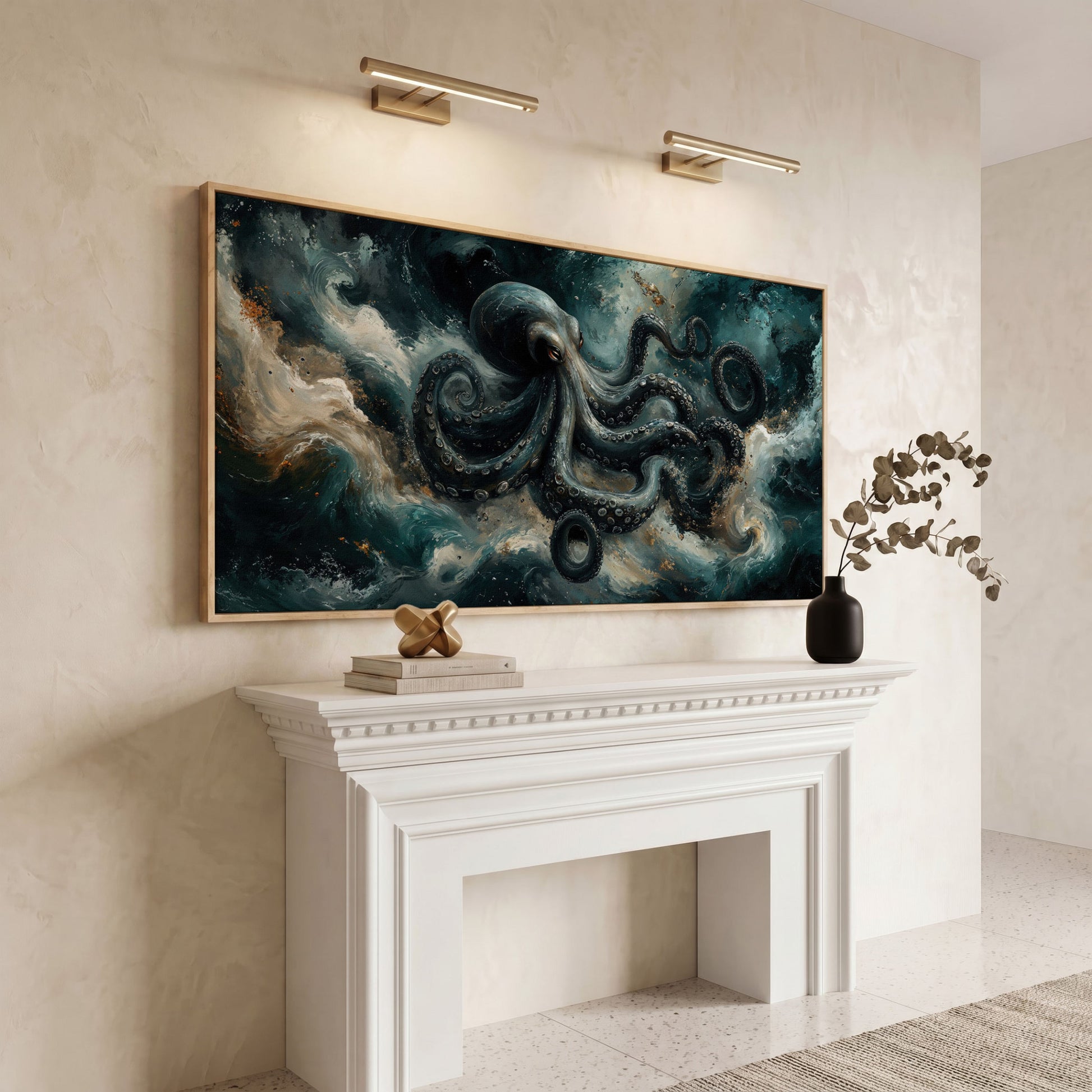 Octopus & Ocean Waves Canvas in white oak floating frame