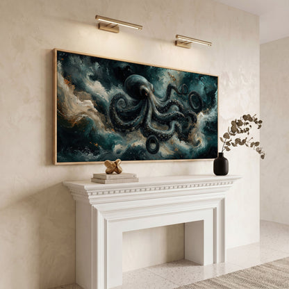 Octopus & Ocean Waves Canvas in white oak floating frame