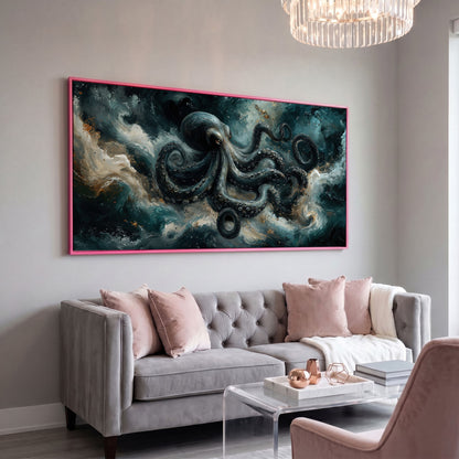 Octopus & Ocean Waves Canvas in pink floating frame