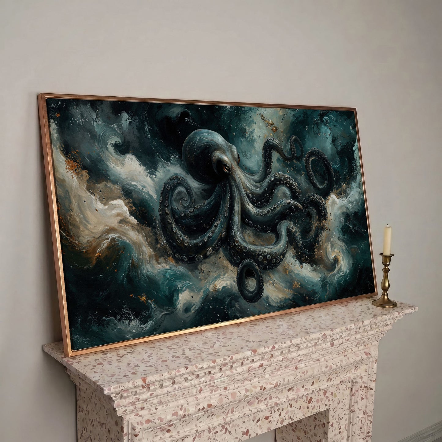 Octopus & Ocean Waves Canvas in rose gold floating frame